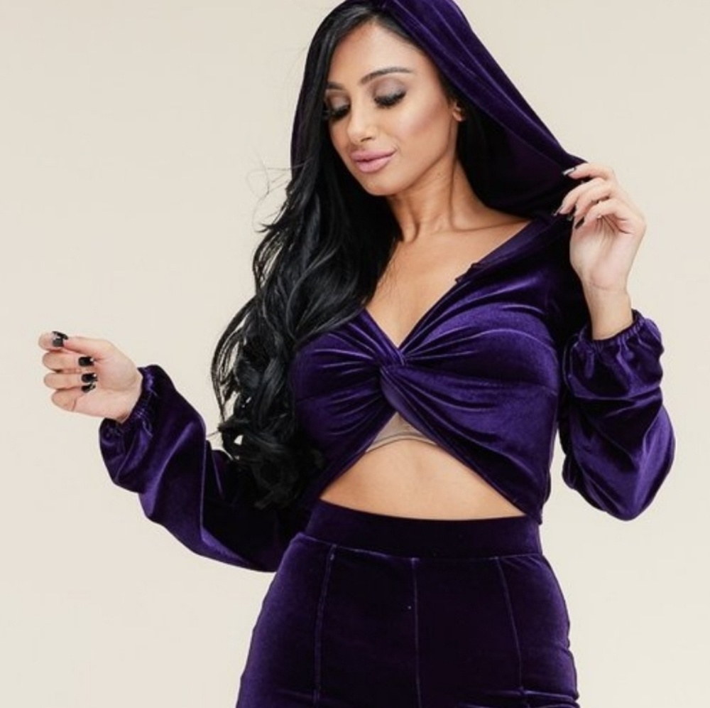 Velvet Twisted Front Long Sleeve Crop Hoodie
